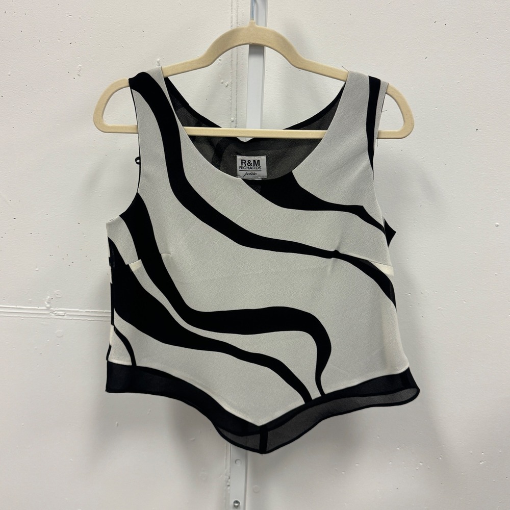 R&M Richards Petite Black White Abstract Swirl Tank Top Sharkbite Hem Size 8P‎